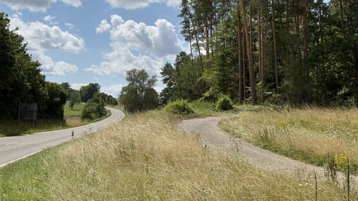 Die Kreisstraße nach Vollmaringen bekommt am Waldrand rechts eine Fortsetzung des Radwegs.