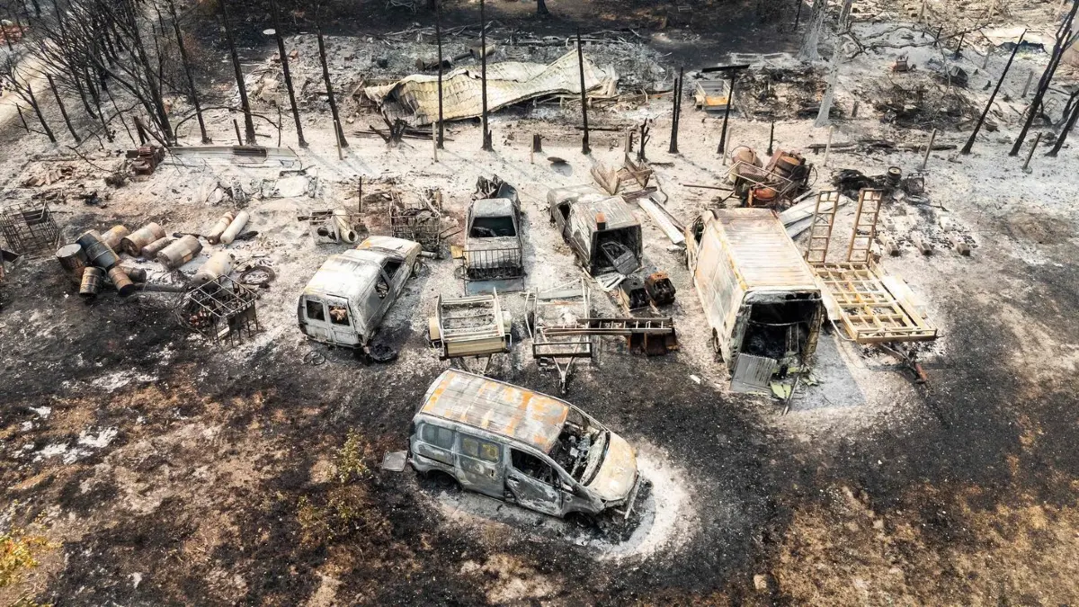 Diese Luftaufnahme zeigt ausgebrannte Autos nach einem Waldbrand in Le Porge im Departement Gironde im Südwesten Frankreichs