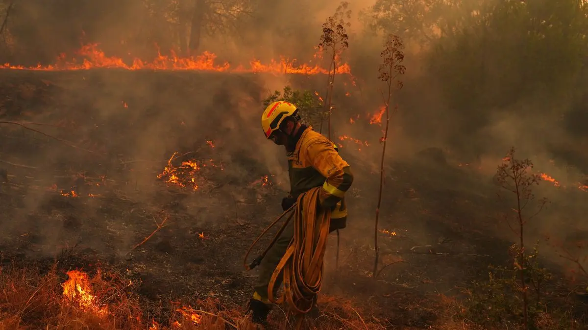 San Martín de Valdeiglesias: Ein Feuerwehrmann trägt einen Schlauch, während er einen Waldbrand bekämpft. Spanien kämpft gegen zahlreiche Waldbrände. Wegen der schweren Feuer rief die Regierung für die Umgebung der Hauptstadt Madrid sowie für die Region Ávila den Notstand aus.