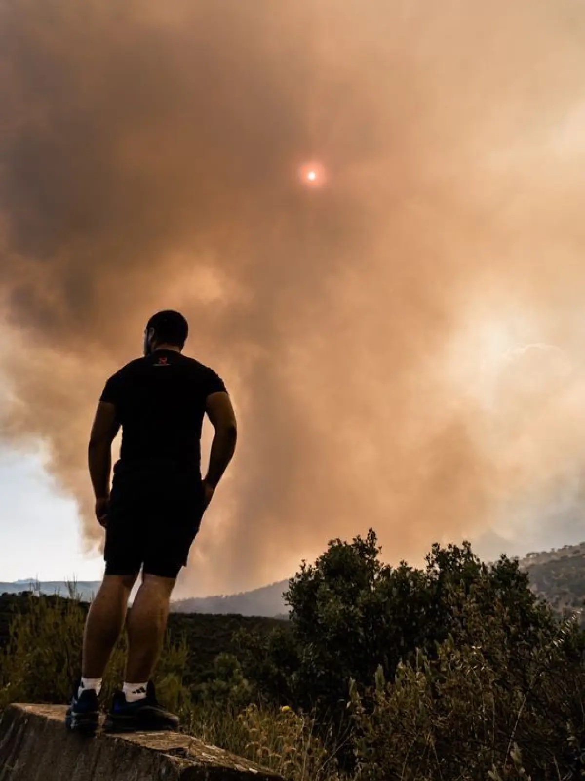 San Martín de Valdeiglesias: Ein Mann beobachtet, wie sich das Feuer während eines Waldbrandes ausbreitet. Am Donnerstag brach in der Autonomen Gemeinschaft Madrid ein neuer Waldbrand aus.