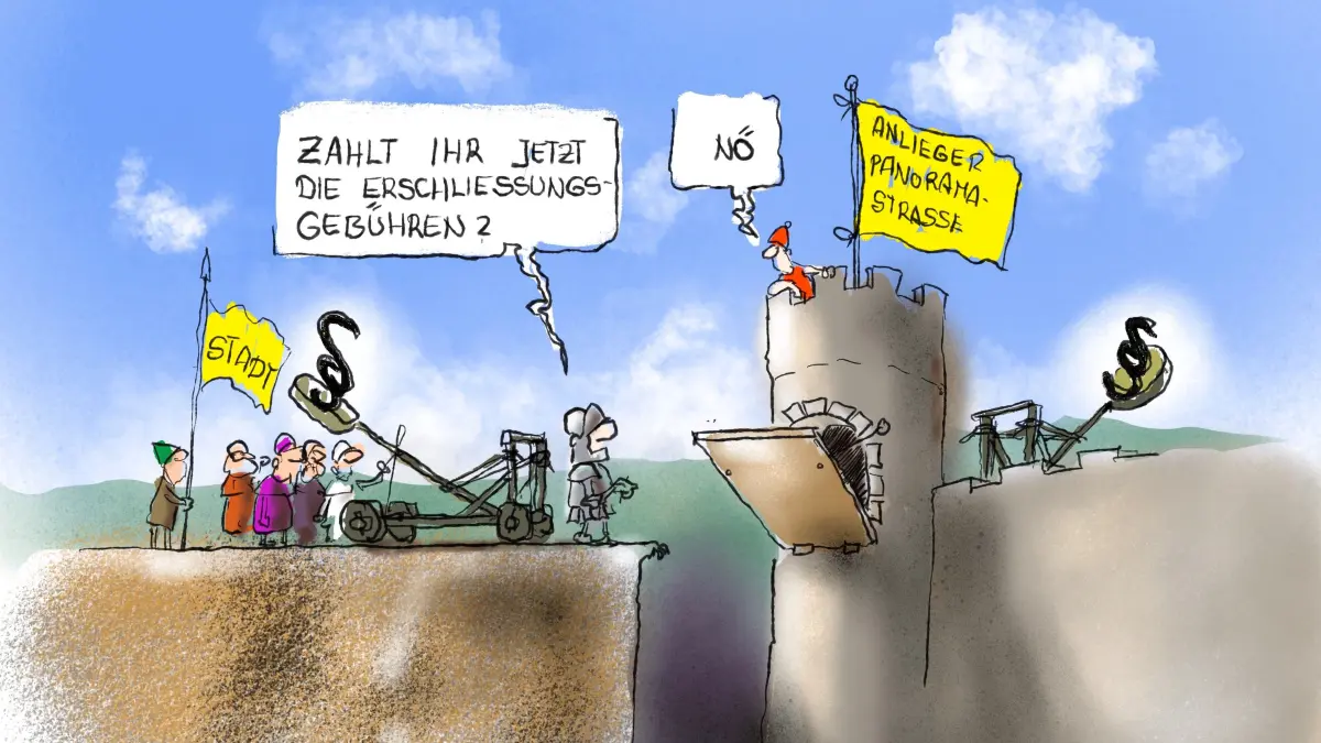 Müssen manche Anlieger der Panoramastrasse erheblich hohe Anliegergebühren zahlen? Verhandlungsversuche der Stadt blieben erfolglos. Auf ihre Forderung verzichten will sie aber nicht. Nun müssen wohl Juristen diese Streitigkeit austragen.