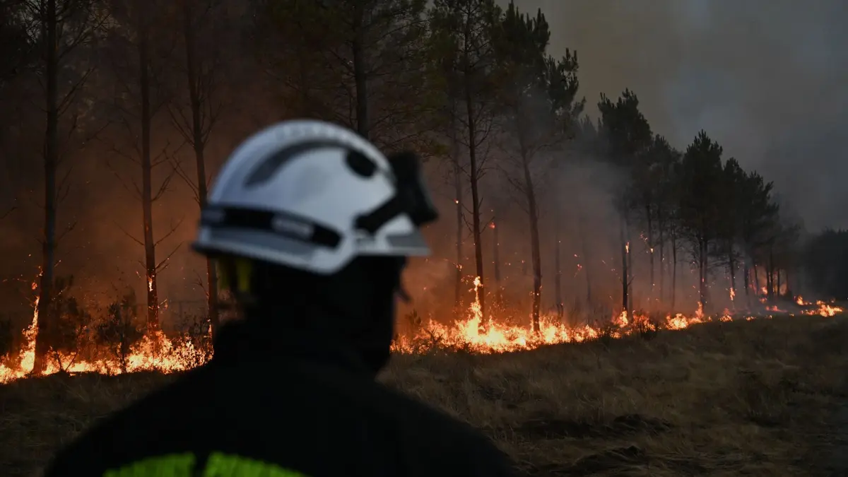 Brände in Frankreich: ARCHIV - 26.07.2026, Frankreich, Bordeaux: Ein Feuerwehrmann geht vor brennenden Bäumen vorbei, während in der Nähe von Marcheprime, außerhalb von Bordeaux, Frankreich, ein Waldbrand wütet. (zu dpa: «Können Waldbrände wie in Südeuropa auch Brandenburg treffen?») Foto: Emma Da Silva/AP/dpa +++ dpa-Bildfunk +++