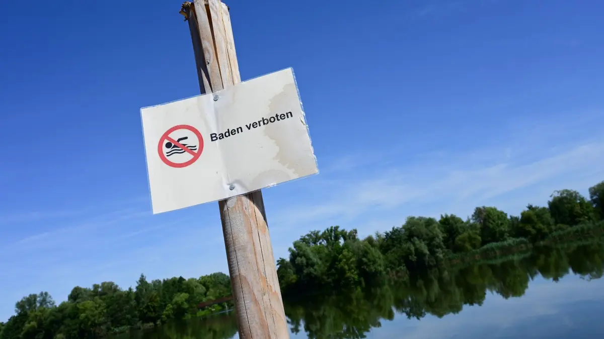 Badeverbot im Buga-See wegen Blaualgen: ARCHIV - 28.07.2022, Hessen, Kassel: Ein „Baden verboten“-Schild steht am Strand des Buga-Sees. Aufgrund des vermehrten Auftretens der Blaualge ist der See am Rand der Innenstadt für Badegäste bis auf Weiteres gesperrt. (zu dpa: «Badeverbot am Buga-See wegen massiver Blaualgen-Vermehrung») Foto: Uwe Zucchi/dpa +++ dpa-Bildfunk +++