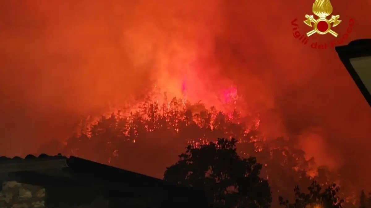 Waldbrand am Gardasee: HANDOUT - 08.08.2026, Italien, Tignale: Die Feuerwehr löscht einen großen Waldbrand auf dem Gebiet der Gemeinde am Westufer des Gardasees. Wegen des Waldbrands sind mehr als 200 Menschen evakuiert worden, darunter auch zahlreiche Urlauber. Foto: --/Vigili del Fuoco/dpa - ACHTUNG: Nur zur redaktionellen Verwendung im Zusammenhang mit der aktuellen Berichterstattung und nur mit vollständiger Nennung des vorstehenden Credits +++ dpa-Bildfunk +++