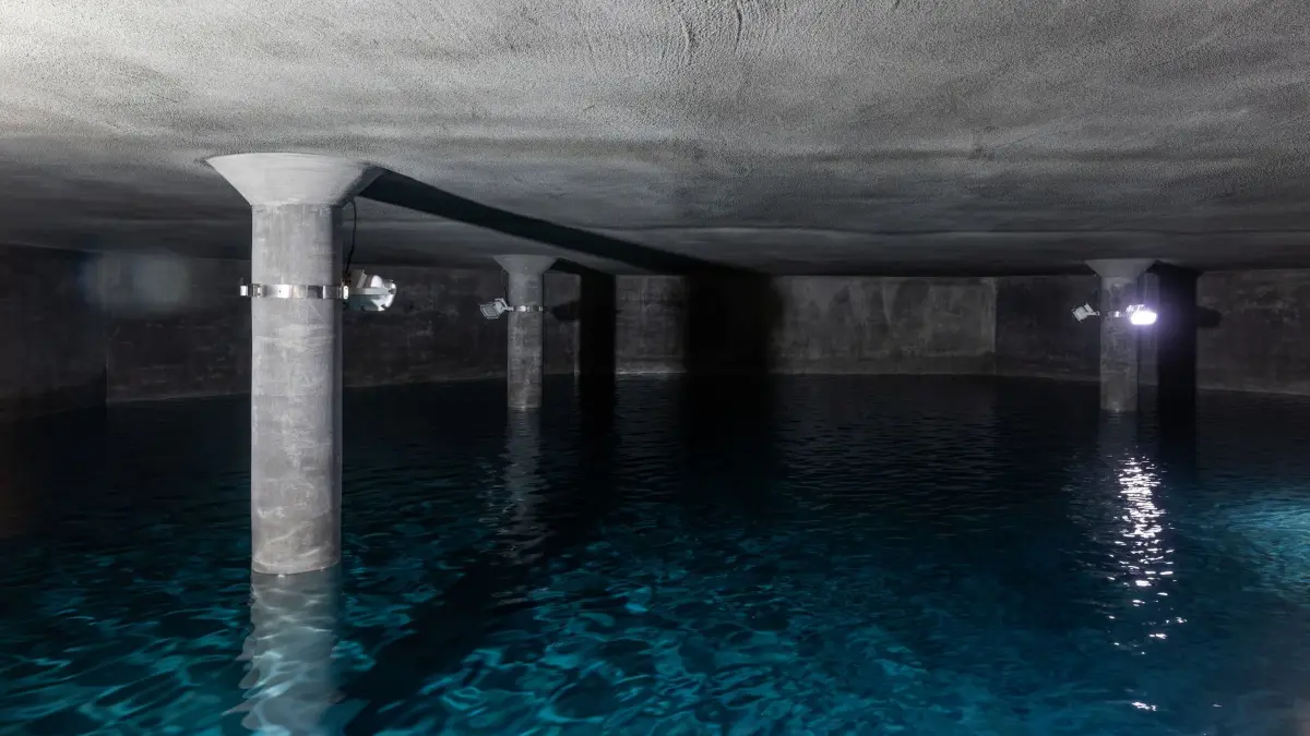 Trinkwasserspeicher: PRODUKTION - 10.08.2026, Baden-Württemberg, Kirchzarten: Wasser ist in einem Hochbehälter zu sehen. Angesichts der anhaltenden Trockenheit ist die Trinkwasserversorgung in Baden-Württemberg aktuell ein Thema. (zu dpa: «Wird Trinkwasser im Südwesten knapp? Das sagen die Versorger») Foto: Philipp von Ditfurth/dpa +++ dpa-Bildfunk +++