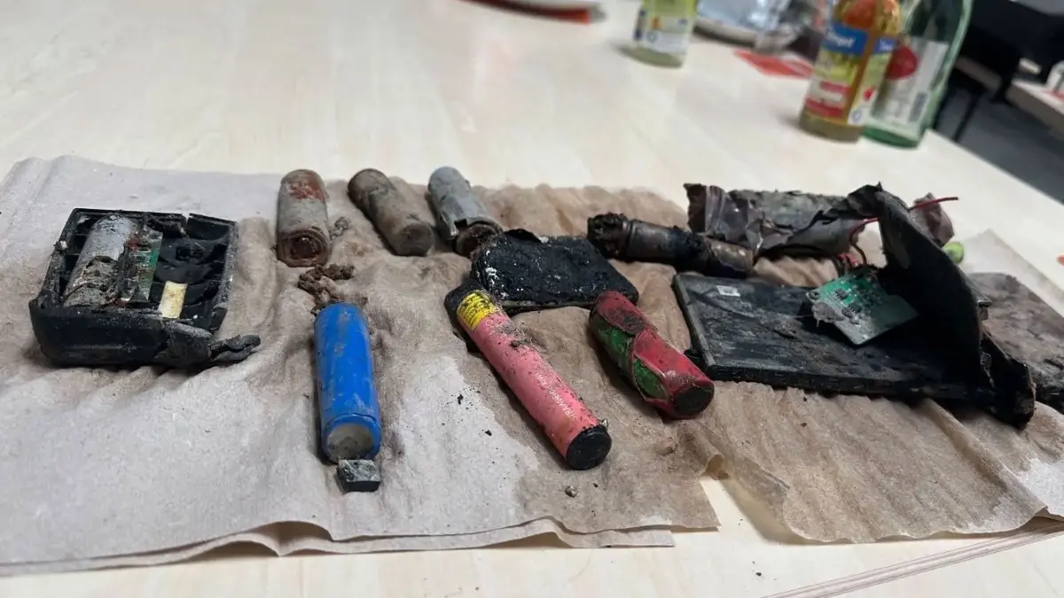 Triefend nass sind diese Akkus, weil die Brandschutzmaßnahmen des Unternehmens gegriffen haben und sie gelöscht haben, noch bevor Schlimmeres passieren konnte.