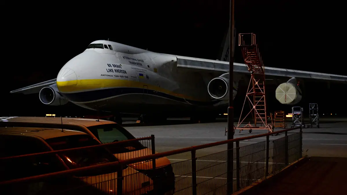 FILES-GERMANY-POLITICS-ESPIONNAGE: (FILES) An Ukrainian "Antonov" cargo plane is pictured on August 5, 2026 at the German airport Leipzig-Halle in Schkeuditz, eastern Germany, after an explosives-laden drone was found there the night before. The German government on August 12, 2026 signed off on a major overhaul of the country's intelligence agencies to give them broad new powers to conduct covert operations and take action against foreign threats. (Photo by John MACDOUGALL / AFP)