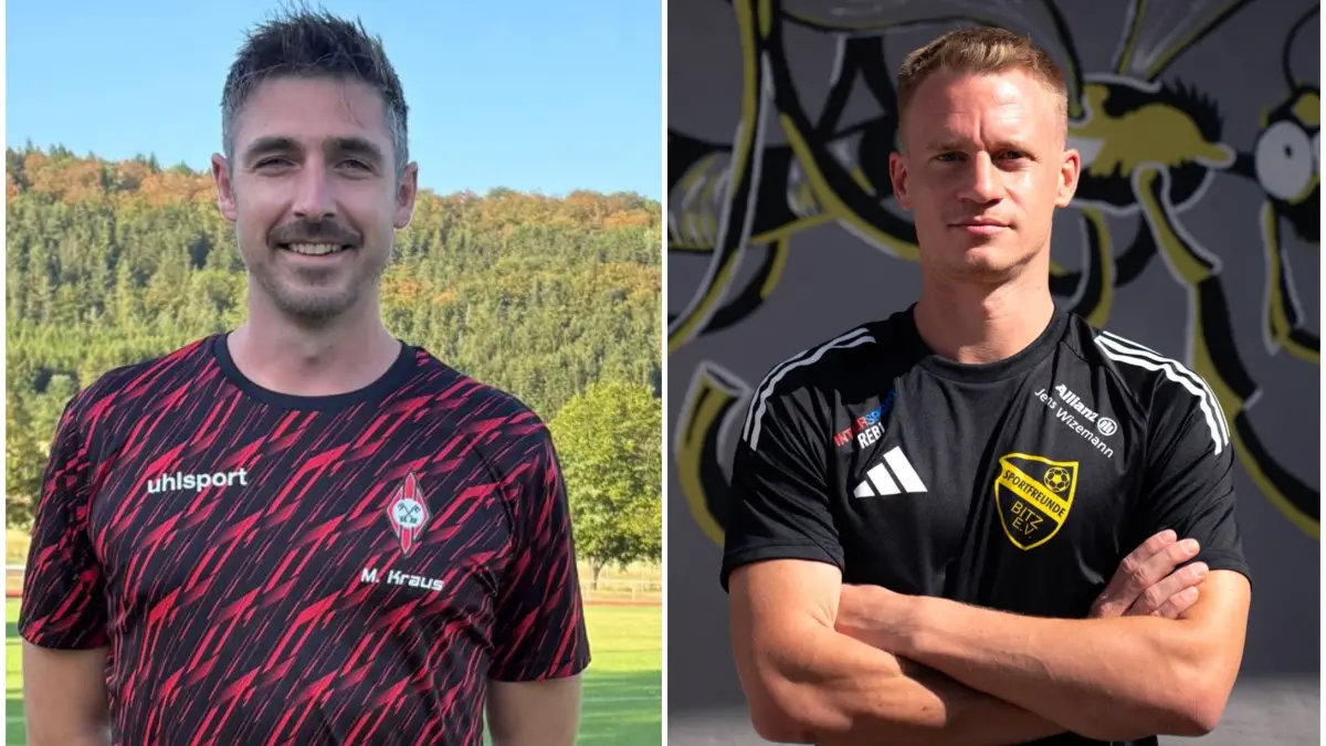 Michael Kraus (36), Trainer des 1. FC Burladingen, und Stefan Fischer (32), Spielertrainer der Sportfreunde Bitz, den Fragen