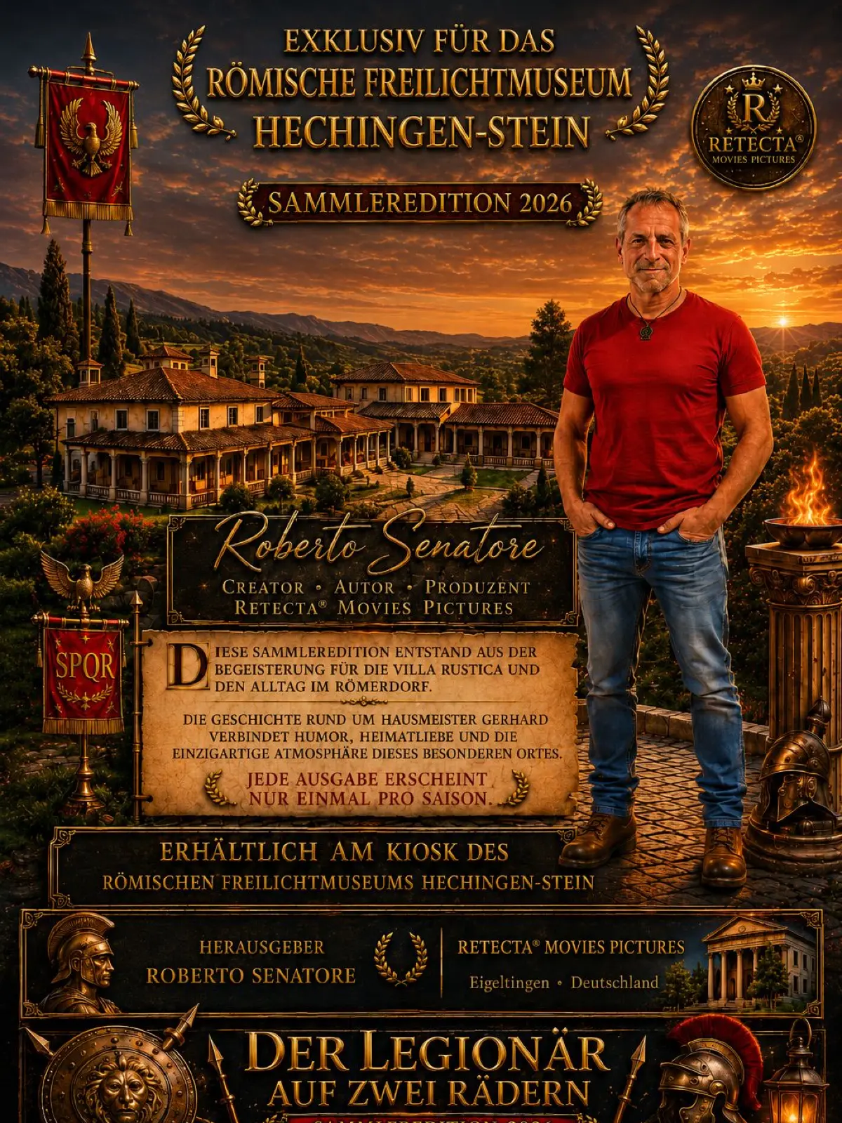 Gestalterisch geht Roberto “Robby“ Senatore als Herausgeber von „Der Legionär auf zwei Rädern“ auch beim Werbeplakat in die Vollen. 