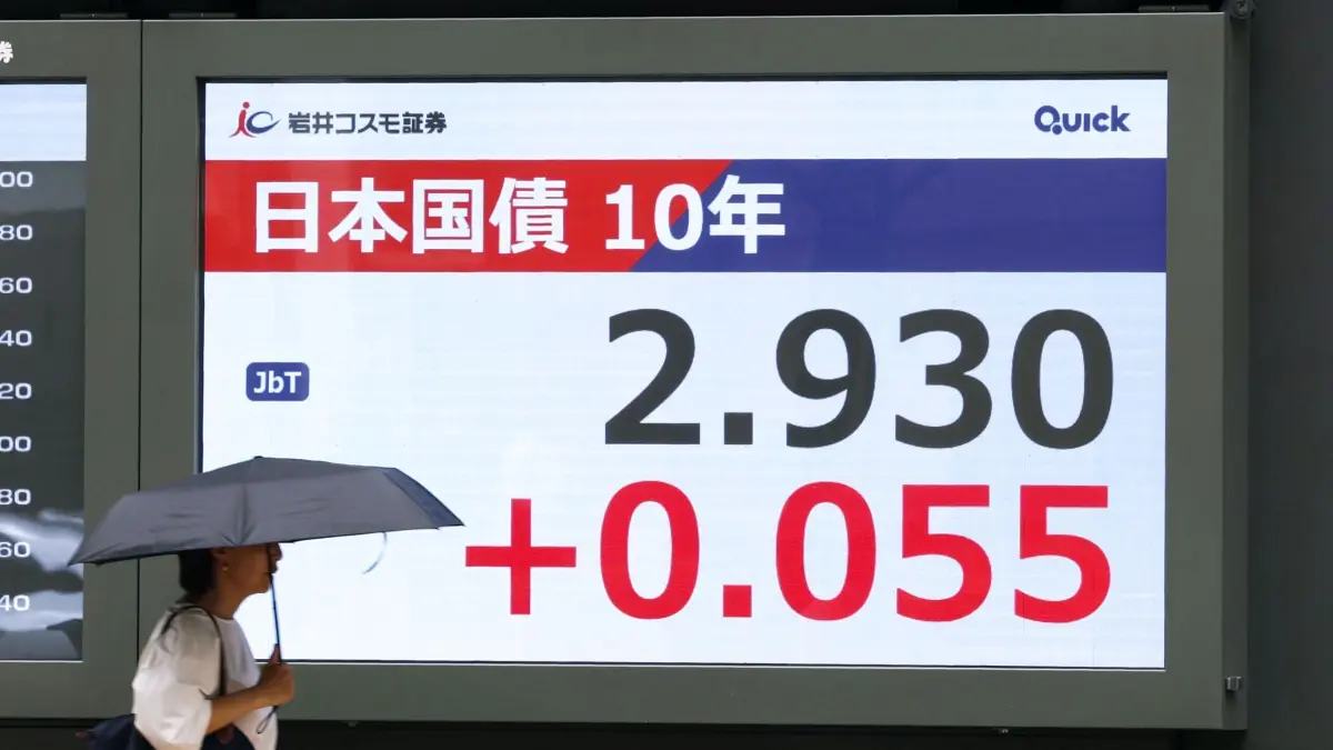 Staatsanleihe in Japan: 17.08.2026, Japan, Tokio: Auf einem Monitor ist zu sehen, dass die Rendite der neu emittierten japanischen zehnjährigen Staatsanleihe am Morgen 2,930 Prozent erreicht – den höchsten Stand seit Oktober 1996 –, während die Spekulationen über eine vorzeitige Straffung der Geldpolitik durch die Bank of Japan zunehmen. Foto: -/kyodo/dpa +++ dpa-Bildfunk +++