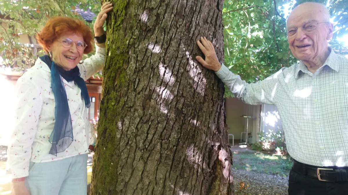 Dorothea Koelbing Bitterli und Dieter Bitterli neben der riesigen Kastanie, die immer im Zentrum beim Sommer im "Theater im Hof" stand