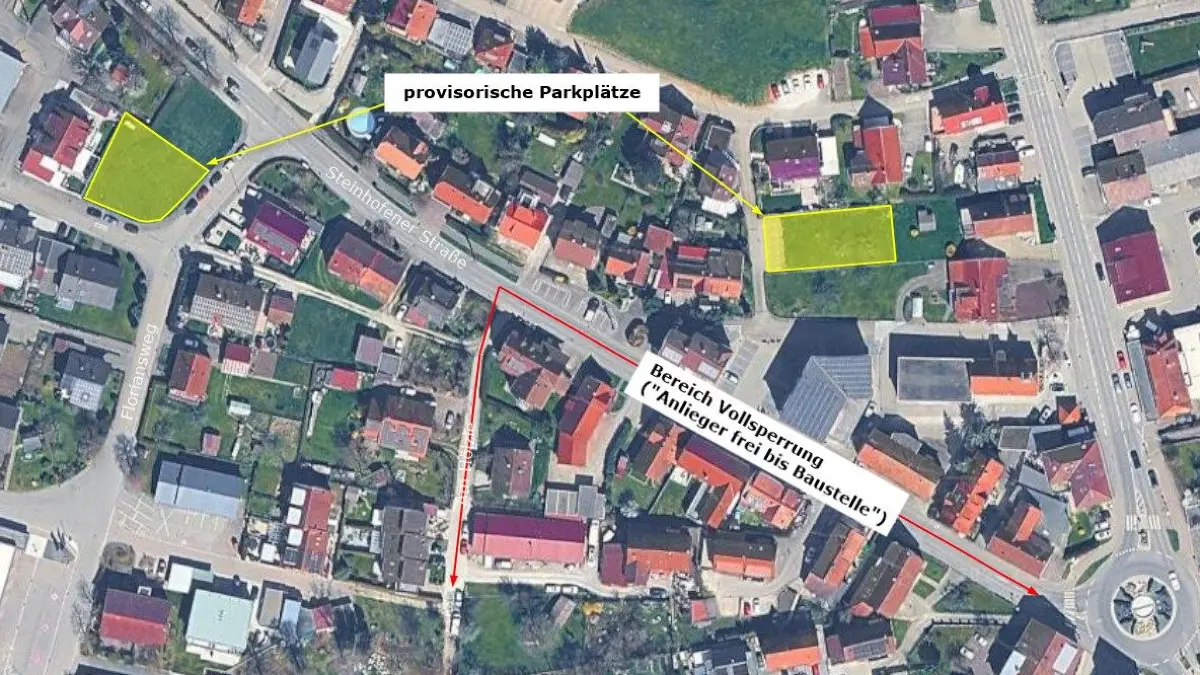 Die Grafik zeigt, wo während der Bauarbeiten auf der Steinhofener Straße Parkplätze eingerichtet werden und für welchen Bereich die Sperrung gilt.