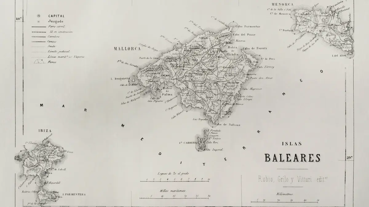Historische Karte von den balearischen Inseln aus dem Jahr 1871.
