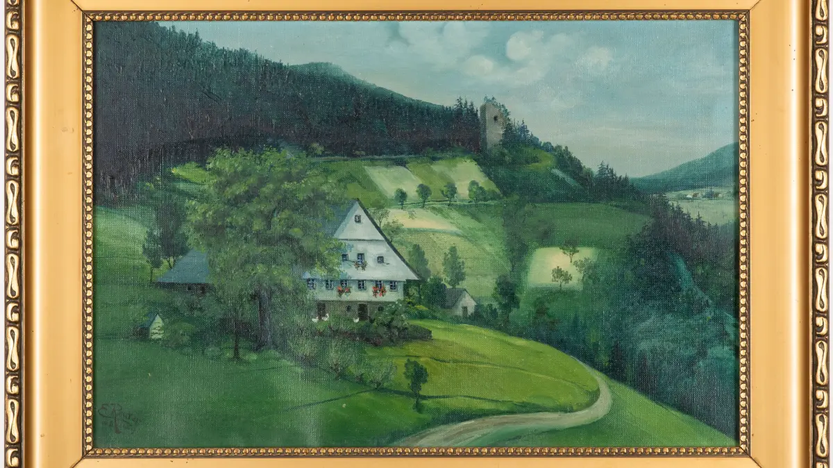 Das Gemälde der Burgruine Schilteck und des Schilteckhofes des Steingutmalers Eugen Reuter (1882 – 1962) zum 65. Geburtstag von Anna Braitsch (1864 – 1948) aus dem Jahr 1929.