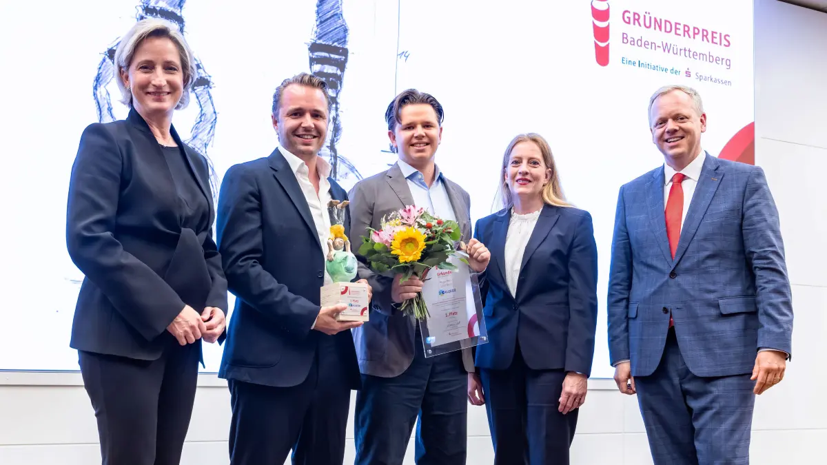 Verleihung des Gründerpreises Baden-Württemberg 2026 in der Sparkassenakademie Baden-Württemberg (von links): Nicole Hoffmeister-Kraut, Emil Benz, Hugo Bnez, Kerstin Gatzlaff und Matthias Neth.