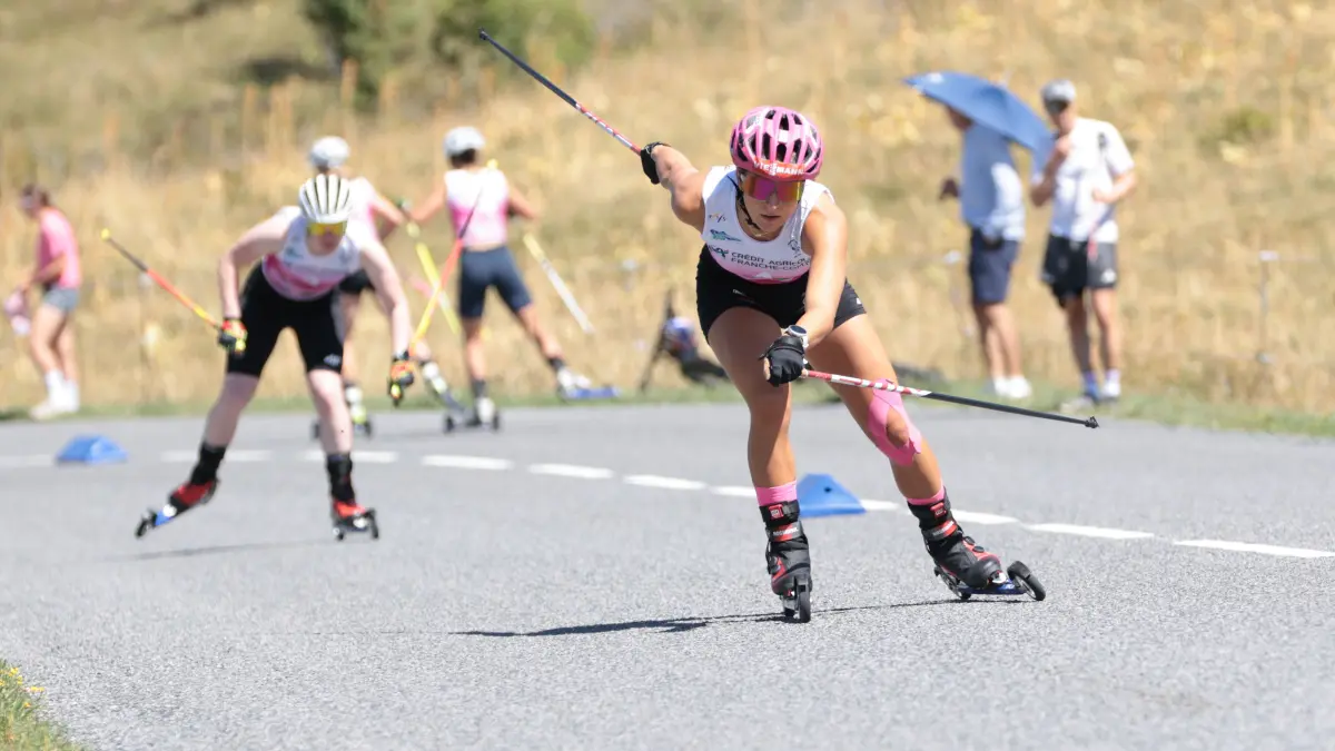 FIS Nordic Combined Summer Grand Prix in Chaux-Neuve, France: Nathalie ARMBRUSTER, GER, Bib Number 4, action photo, Women's Individual Compact Large Hill/5km at FIS Nordic Combined Summer Grand Prix in Chaux-Neuve, France, 2026-08-23, Photo Credit: action press / NocoGirls