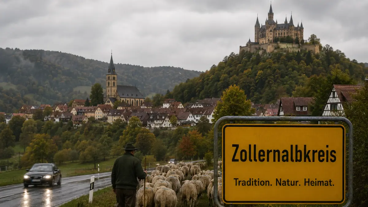 Der Zollernalbkreis - nicht die Realität, aber eine Visualisierung von ChatGPT. Dieses Foto entstand durch die Auforderung: "Erstelle mir ein Foto mit deinen Vorurteilen vom Zollernalbkreis!" Die Burg Hohenzollern, die Stadtkirche in Balingen und zwei bekannte Firmen haben es in die Auswahl geschafft.