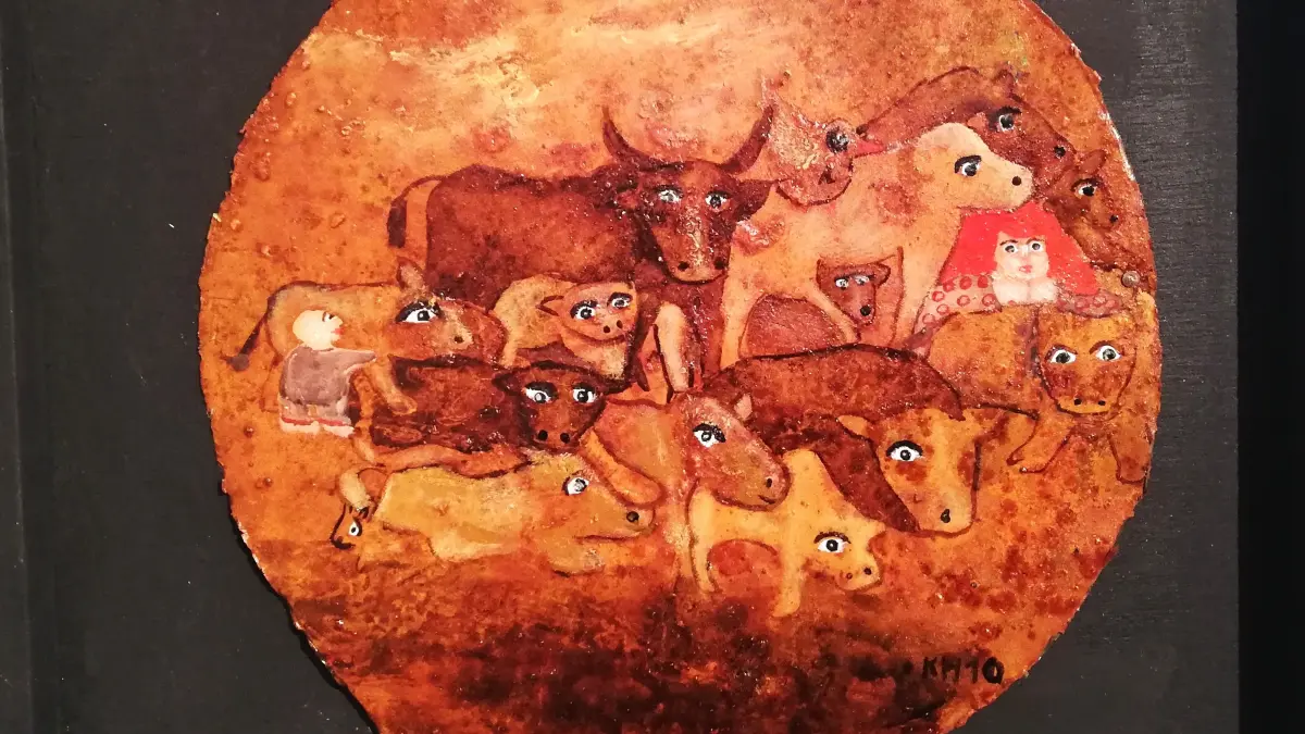Auf gefundenem Blech gemalt: das Materialbild „Paar bei den Tieren“ aus dem Jahr 2010.