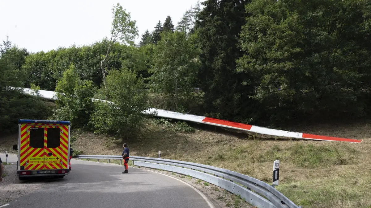 Durch einen technischen Defekt senkte sich unkontrolliert ein für den Transport aufgestelltes Rotorblatt und stürzte ab.