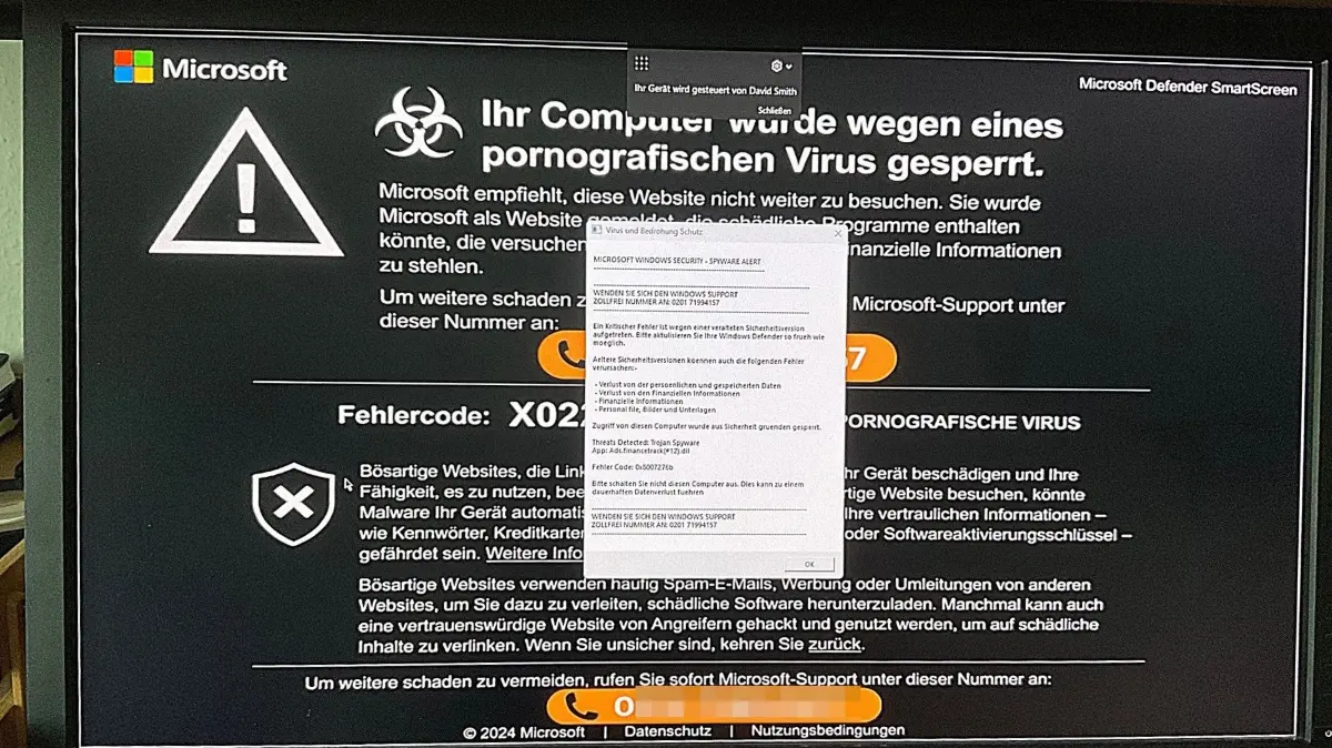 Bedrohlich, schockierend, betrügerisch: Wer solch eine vermeintliche Warnmeldung auf seinem Bildschirm angezeigt bekommt, sollte die angegebene Hilfe-Telefonnummer erst gar nicht nicht anrufen.