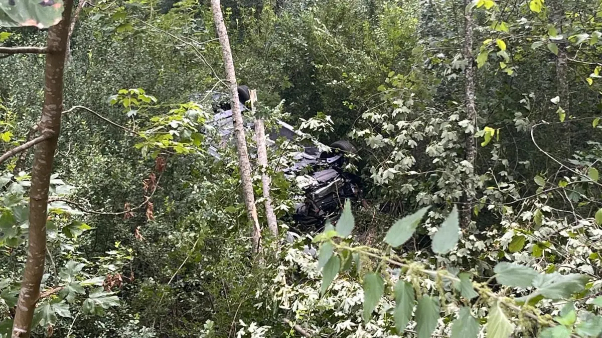 Tief in der Böschung kommt das Unfallauto zum Liegen. Der Wagen war von der Straße abgekommen und in den bewaldeten Hang geraten. Die Rettung der Insassen gestaltete sich aufgrund des schwierigen Geländes aufwendig.