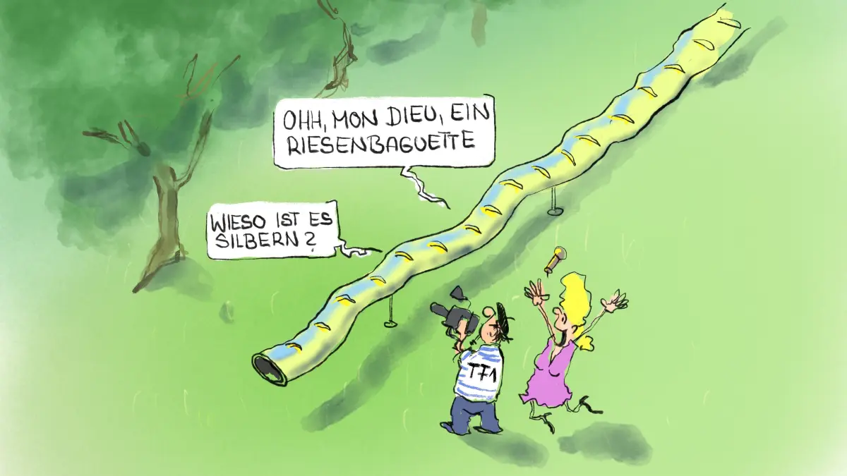 Der größte französische Fernsehsender hat über die neuen Calwer Rutschen berichtet. Was genau? Da müsste man halt die Sprache verstehen. Auf jeden Fall hätte ihnen vielleicht jemand sagen sollen, dass das keine Baguette-Denkmäler sind, die hier im Schwarzwald an das aus ihrer Sicht weltbeste Brot erinnern sollen.