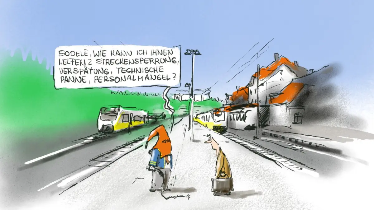 Nun gibt es im September Sperrungen auf der Bahnstrecke von Freudenstadt nach Karlsruhe. Züge fallen aus, Verspätungen sind möglich. Und das zusätzlich zu all den unangenehmen Überraschungen, an die sich Bahnreisende fast schon gewöhnt haben. Das Bahnpersonal erhält nun neue Uniformen mit Folterknechtmaske. Das passt besser zu den quälenden Informationen, die es dauernd zu überbringen hat.