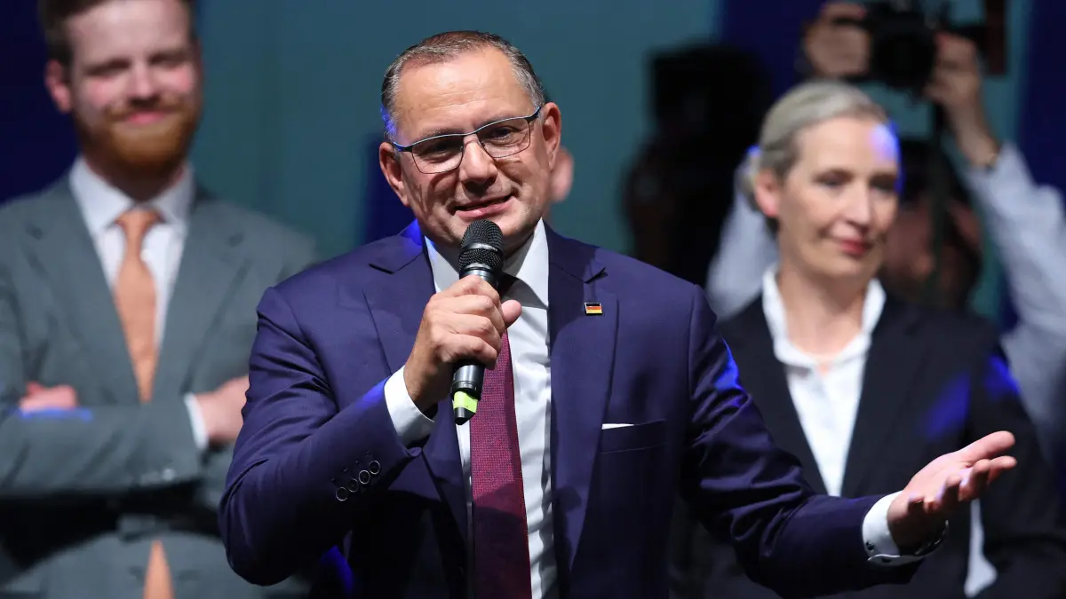 GERMANY-POLITICS-VOTE-STATE-SAXONY-ANHALT: Alternative for Germany (AfD) co-leader Tino Chrupalla addresses supporters at the AfD's election party following Saxony-Anhalt's state elections in Magdeburg, eastern Germany on September 6, 2026. Germany's far-right AfD won a landslide victory in a key regional election on September 6 in the ex-communist east, according to exit polls, but it remain unclear whether it can win an absolute majority to govern. (Photo by Ronny HARTMANN / AFP)