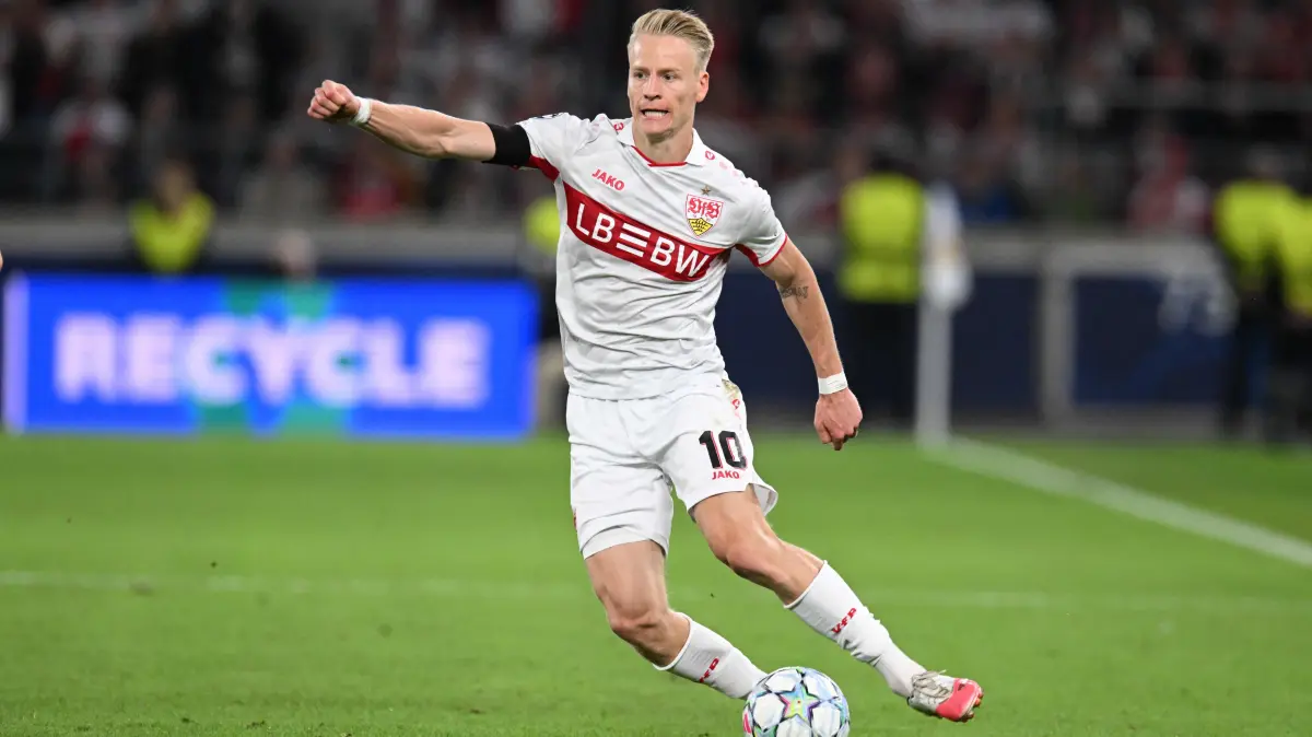 -: Stuttgart's German midfielder #10 Chris Fuehrich controls the ball controls the ball during the UEFA Champions League, League phase, football match between VfB Stuttgart and Viking in Stuttgart, southern Germany, on September 9, 2026. (Photo by THOMAS KIENZLE / AFP)