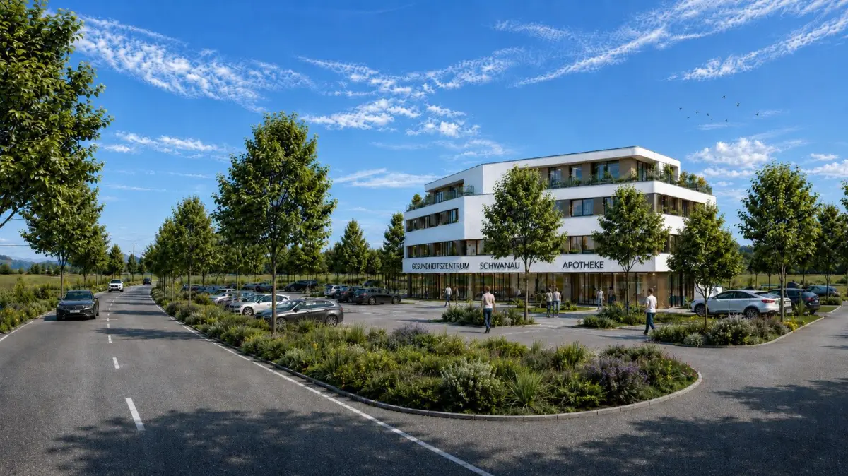 Die Gemeinde Schwanau plant am Ortsrand von Allmannsweier ein Gesundheitszentrum. Die Visalisierung hier zeigt, wie dieses aussehen könnte.