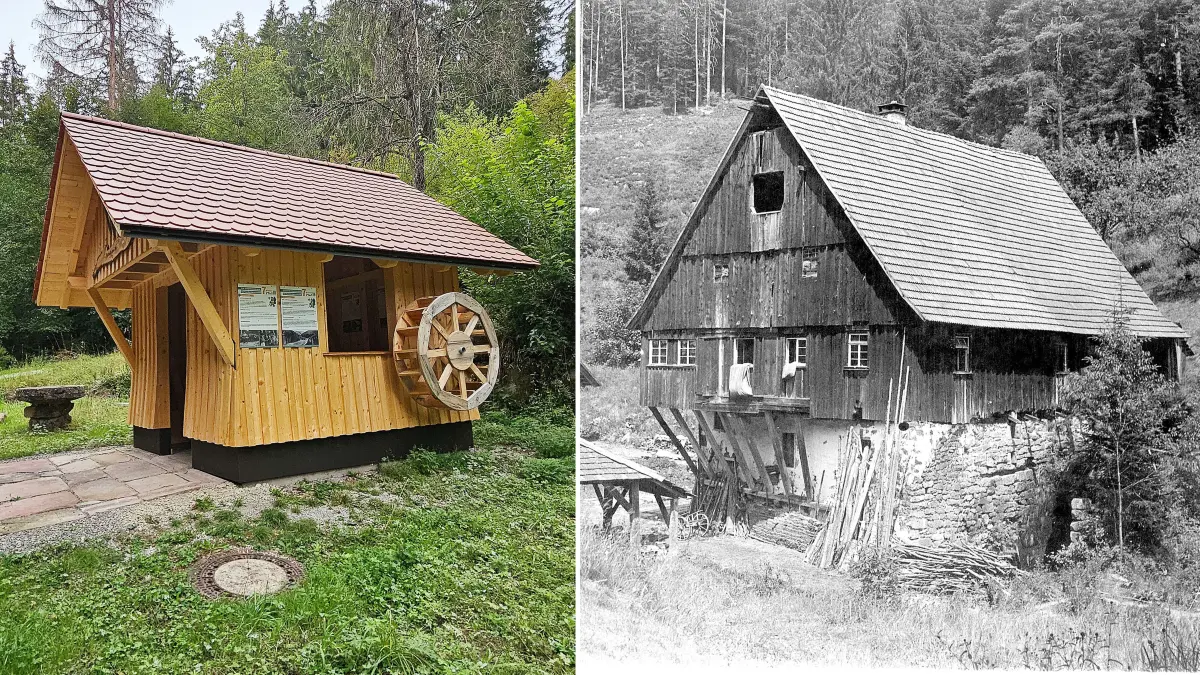 Der Schildmühle Nachbau und die Schildmühle, wie sie in den 20er-Jahren wohl ausgesehen hat.