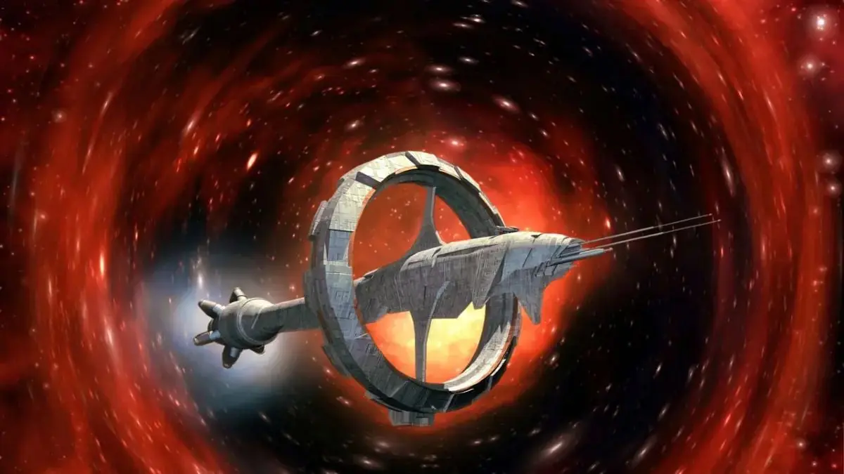 In der Theorie fliegt ein Raumschiff in die Raumkrümmung hinein, bewegt sich nur minimal und kommt Lichtjahre entfernt in einer fernen Galaxie wieder hervor.