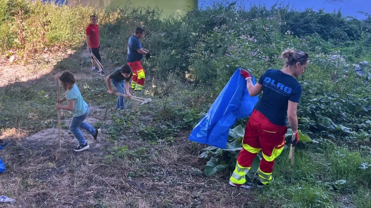 Mit Greifzangen und Müllsäcken waren die freiwilligen Helfer am Rheinufer unterwegs.