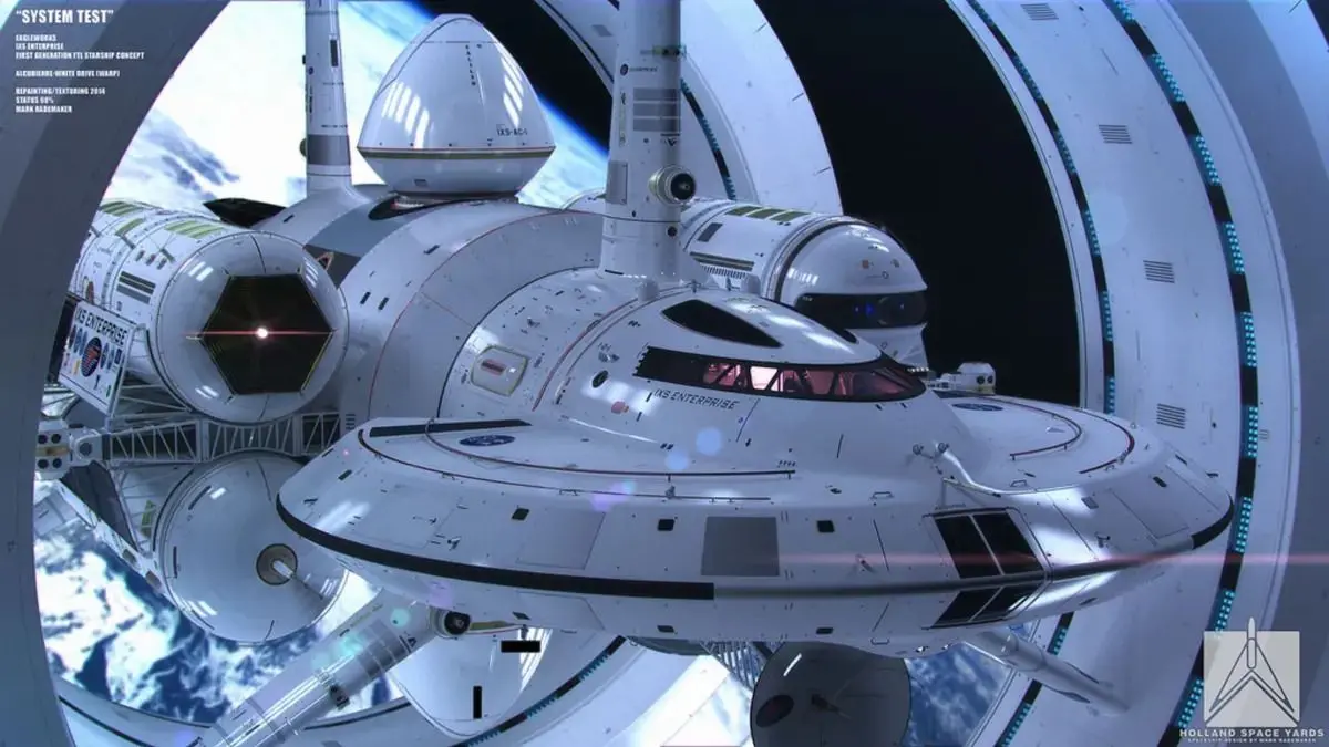 So stellten sich der Raumfahrt-Ingenieur Harold White und und der Space Artist Michael Rademake vom Advanced Propulsion Physics Laboratory der Nasa ein futuristisches Raumschiff mit Warp-Antrieb vor.