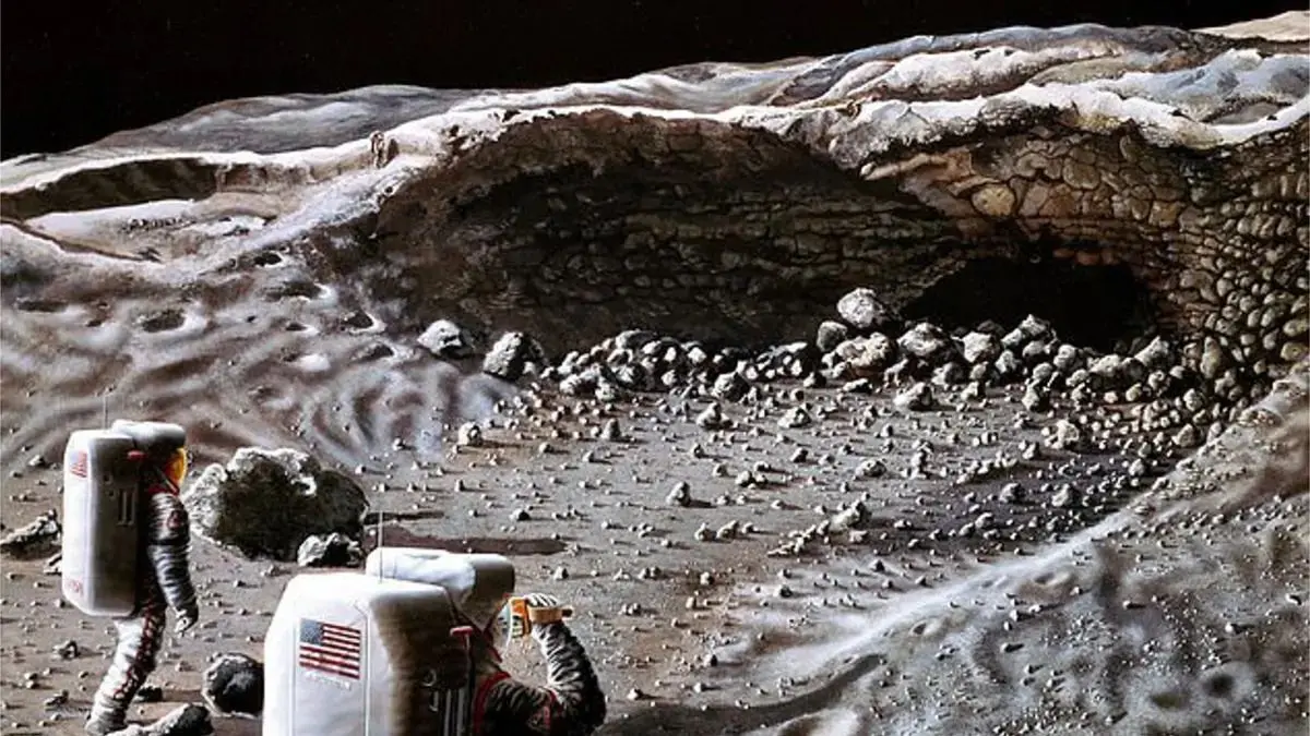 So stellt sich ein Space-Artist der Nasa Erkundungen von Mond-Höhlen durch Astronauten vor.
