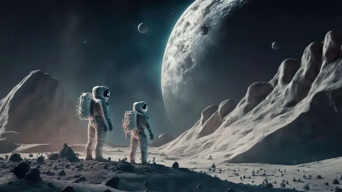 So stellt sich ein Space-Artist einen Spaziergang von Astronauten auf dem Mond vor.
