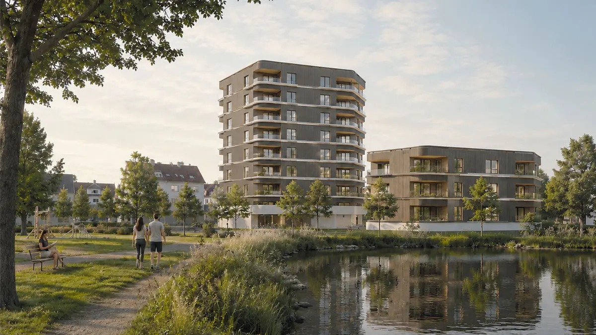 Die Animation zeigt den Entwurf zum geplanten neuen Gebäudeensemble am Vorderen See in Schwenningen.