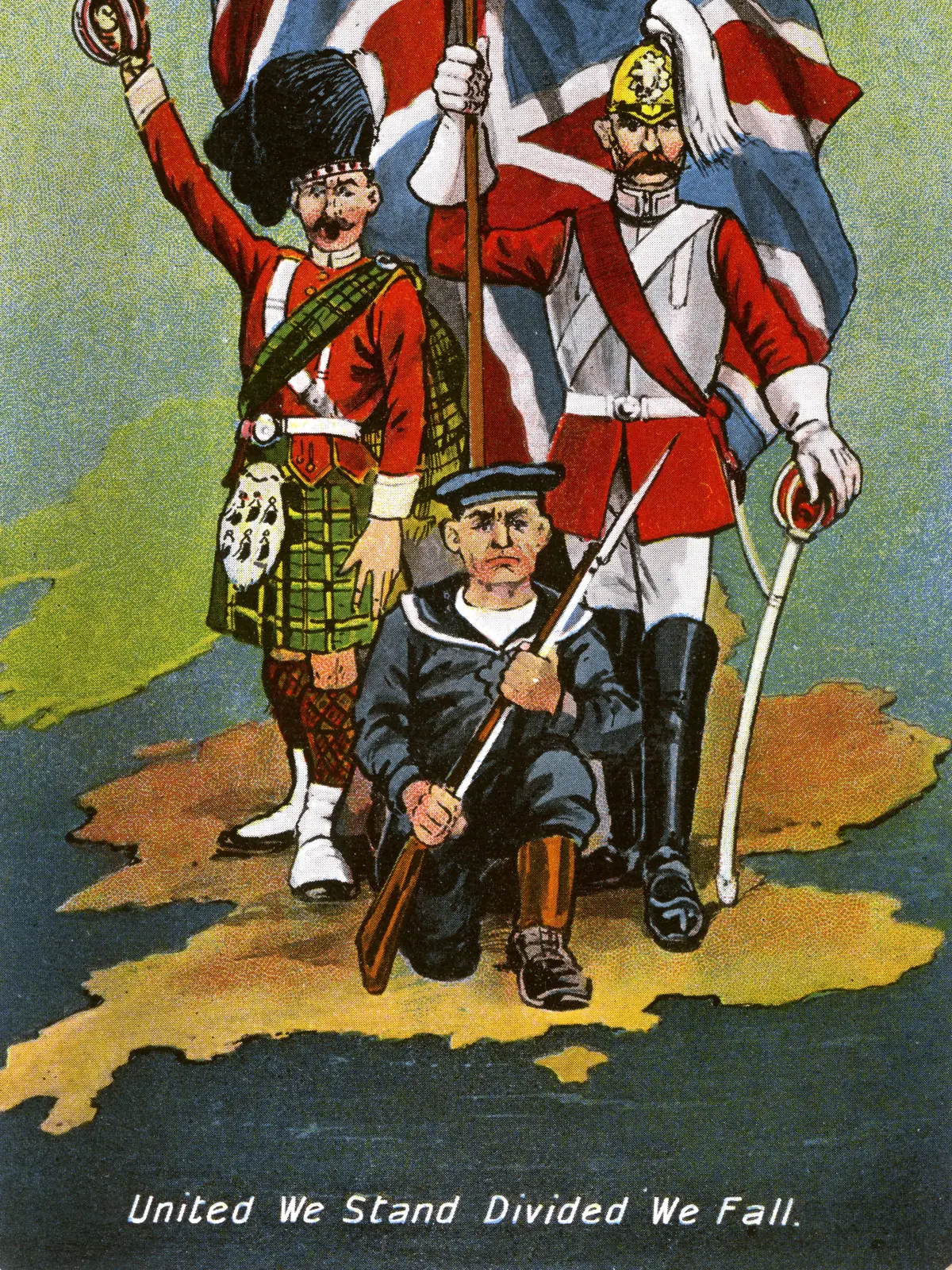"United We Stand, Divided we fall": Patriotische Postkarte aus England um 1914.