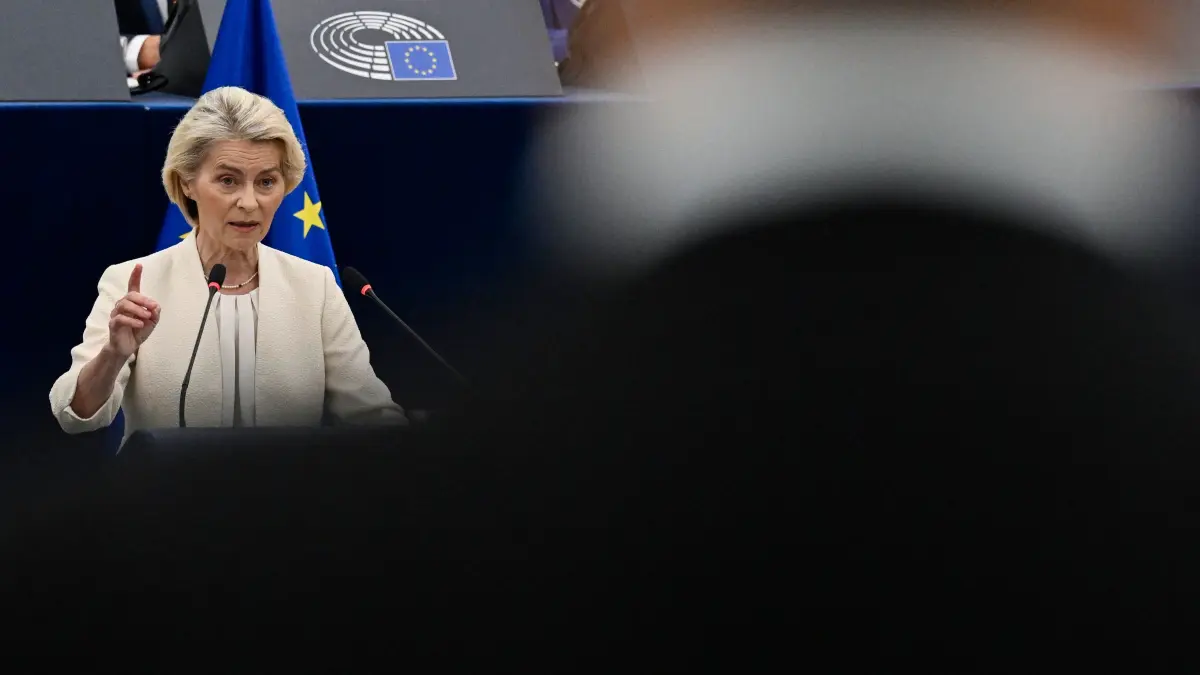 FRANCE-EU-PARLIAMENT-POLITICS-DIPLOMACY: European Commission President Ursula von der Leyen delivers a speech during her annual State of the Union address at a plenary session of the European Parliament in Strasbourg, eastern France on September 16, 2026. EU chief Ursula von der Leyen said Wednesday the future of the 27-nation bloc depends on how it manages climate change and artificial intelligence, as she delivered a major speech in Strasbourg. (Photo by Jean-Christophe VERHAEGEN / AFP)
