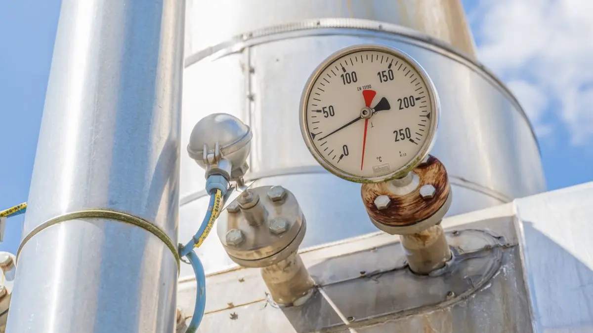Ein Anzeige für Temperatur ist in der Anlage des Gasspeicher Wolfersberg, östlich von München, an einem der vielen Rohre zu sehen.