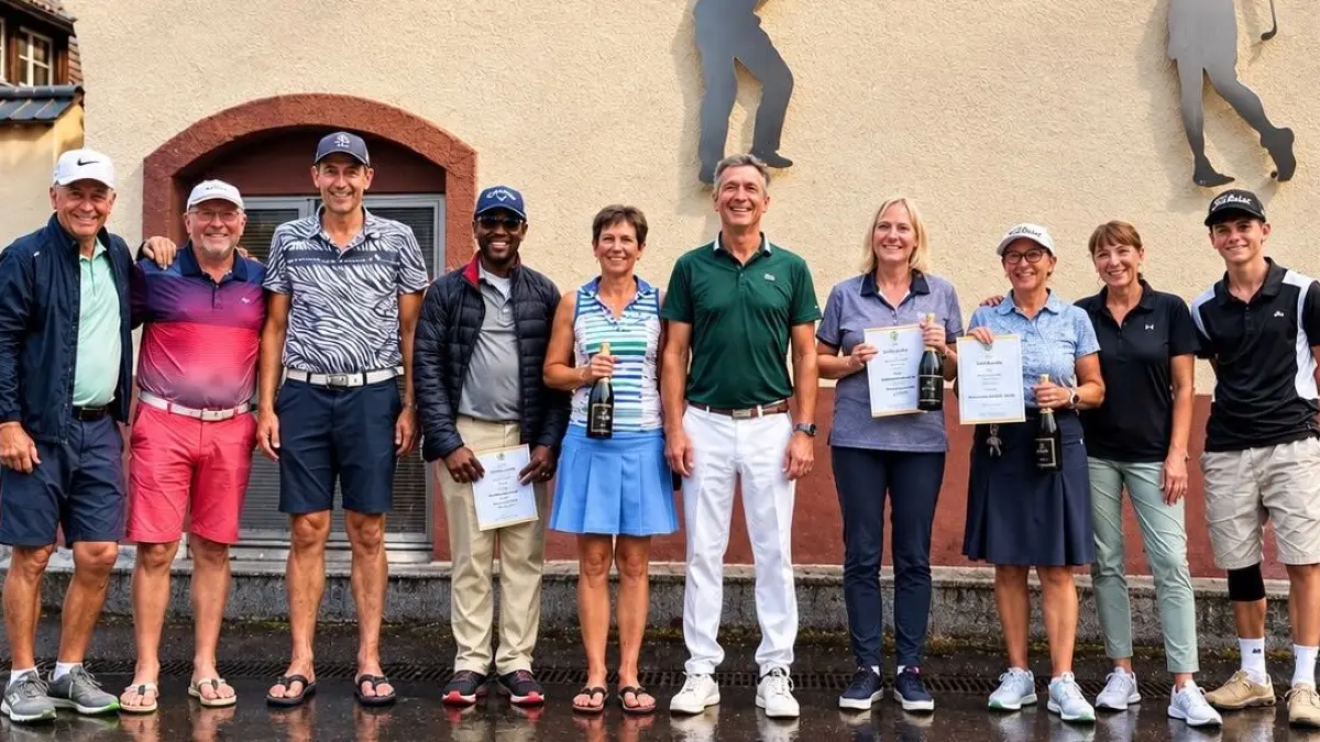 Die Sieger der Stadtmeisterschaften auf der Golfanlage Schopfheim (v. l. n. r.): Ulrich Brutschin, Dieter Bürk-Kugler, Karsten Goedecke, Shannon Nambago, Claudia Kuhn, Peter Schliephake, Maris Vollmer, Jutta Binoth, Kerstin Thomas, und Linus Link.