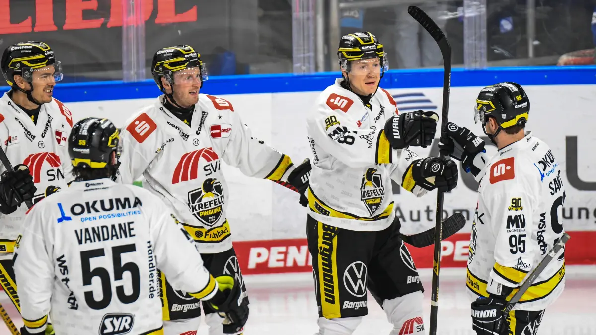 Philip Gogulla, Mathew Santos, Davis Vandane und Max Newton Krefeld Pinguine jubeln Straubing Tigers vs. Krefeld Pinguine, Eishockey, Deutsche Eishockey Liga, Penny DEL, 1.Spieltag, Saison 2026 2027, 23.09.2026 Straubing Tigers vs. Krefeld Pinguine, Eishockey, Deutsche Eishockey Liga, Penny DEL, 1.Spieltag, Saison 2026 2027, 23.09.2026 Straubing *** Philip Gogulla, Mathew Santos, Davis Vandane, and Max Newton of the Krefeld Pinguine celebrate. Straubing Tigers vs. Krefeld Pinguine, Ice Hockey, German Ice Hockey League, Penny DEL, Matchday 1, 20262027 Season, September 23, 2026 Straubing Tigers vs. Krefeld Pinguine, Ice Hockey, German Ice Hockey League, Penny DEL, Matchday 1, 20262027 Season, September 23, 2026 Straubing Copyright: xEibner-Pressefoto/EvaxFuchsx EP_EFS