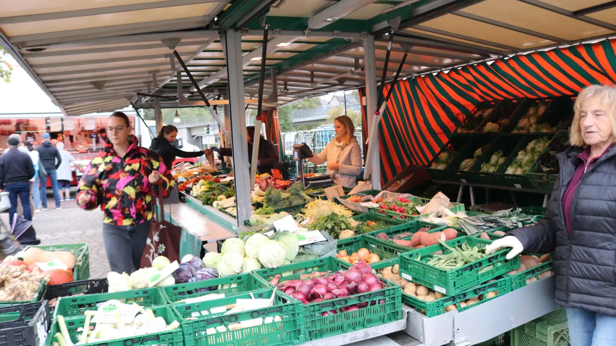 Bei den Verkaufsprodukten ist der Herbst eingekehrt. Hier zeigt Luzia Schmidt vom Biolandstand Mößner, die zahlreichen Kohlvarianten, die nun vom Käufer gefragt sind.