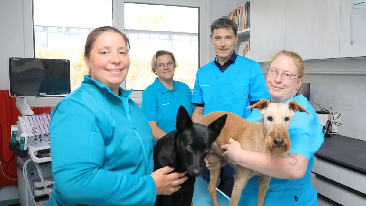 Fühlen sich in den neuen Räumen „pudelwohl“ (von links): Sarah Bouzenade und Jessica Hummel (beide Tiermedizinische Fachangestellte), Tierarzt Rüdiger Hummel sowie Daniela Siepmann (Tiermedizinische Fachangestellte)