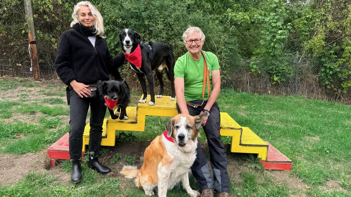 Chris Rehhorn und Eberhard Banholzer von den Rottweiler Hundefreunden mit ihren Fellnasen. Am Wochenende findet wieder die Veranstaltung „Die Vermittelbaren“ auf dem Hundeplatz statt, auf die sich die beiden Vorsitzenden des Vereins schon heute freuen.