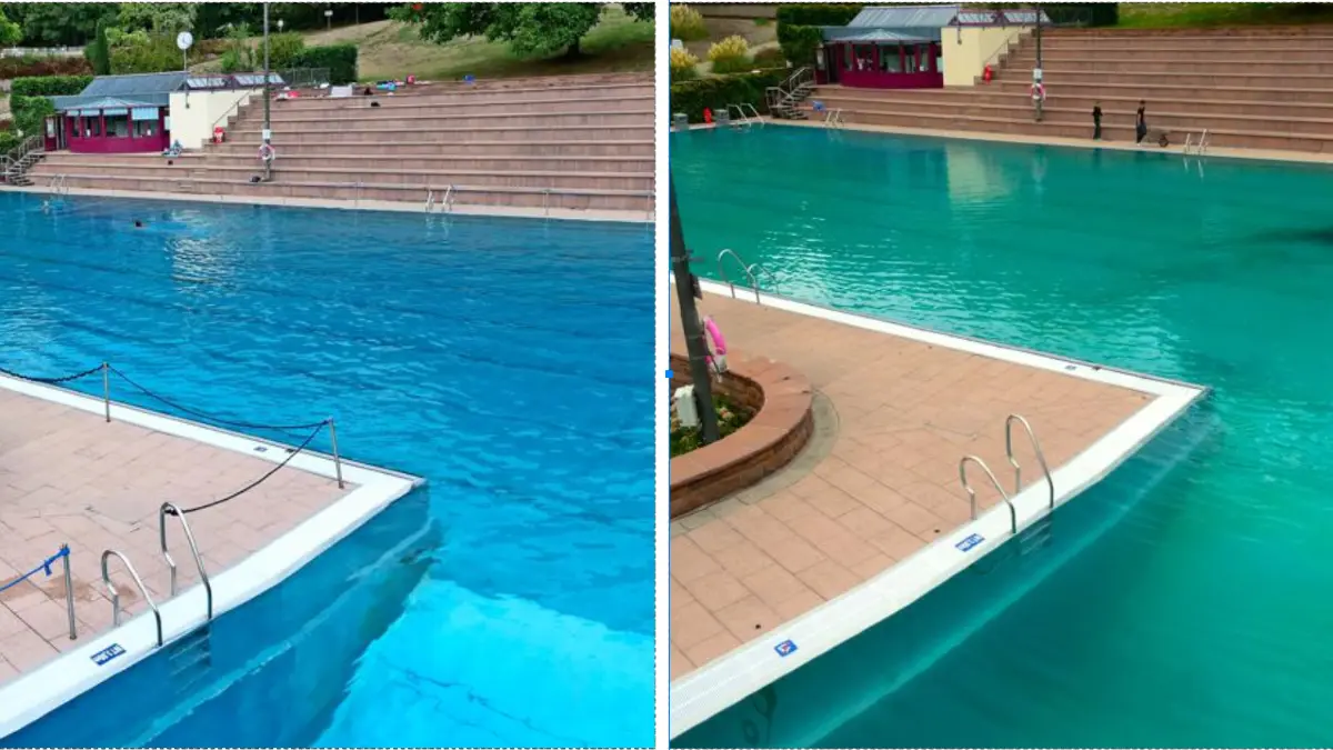 Die Fotos zeigen, was defekte Filteranlagen ausmachen. Die Aufnahme links entstand am 26. August, als noch einer von zwei Filtern des Schwimmerbeckens im Terrassenbad funktionierte. Das Foto links zeigt den Zustand am letzten Öffnungstag 18. September, als auch der zweite Filter seinen Geist weitgehend aufgegeben hatte.