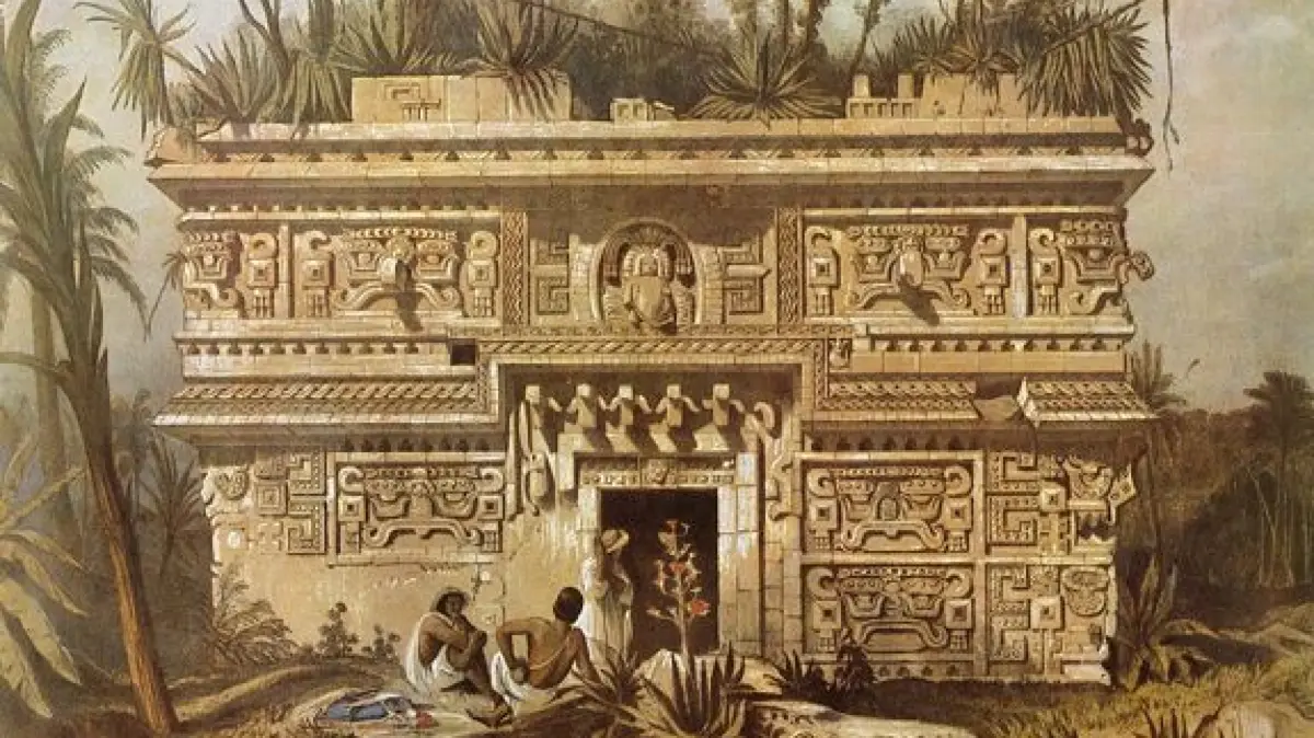 Las Monjas, Chichen Itza, Yucatan, Druck 1843 von Frederick Catherwood (1799–1854): Zusammen mit dem US-Bürger John Lloyd Stephens legte der britische Archäologe Catherwood den Grundstein für Entdeckung und Erforschung der Hochkultur der Maya.