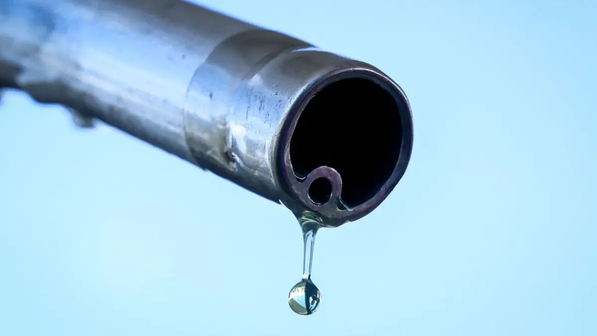 Kraftstoff: Ein Tropfen Benzin fällt aus der Zapfpistole einer Tankstelle. (zu dpa: «Importpreise steigen so stark wie seit Ende 2022 nicht mehr»)