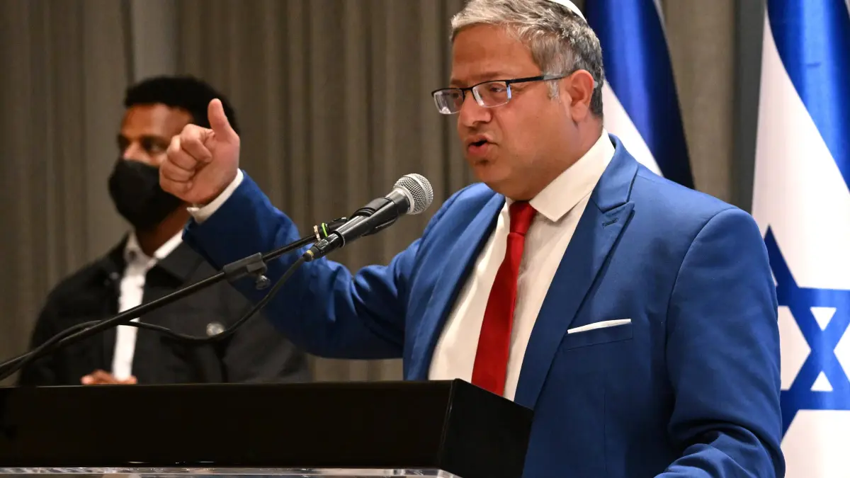 Israeli Minister of National Security Itamar Ben Gvir, Chairman of the Otzma Yehudit Party, speaks to the press at a campaign event in Jerusalem on Tuesday, September 22, 2026. PUBLICATIONxNOTxINxUSA JER2026092211 DEBBIExHILL