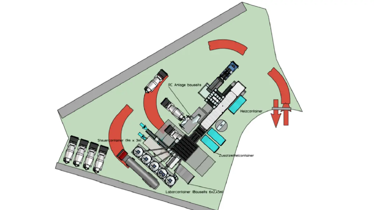 Das von Valet und Ott geplante Betonmischwerk der Marke Liebherr in Lautlingen in der Draufsicht von oben.